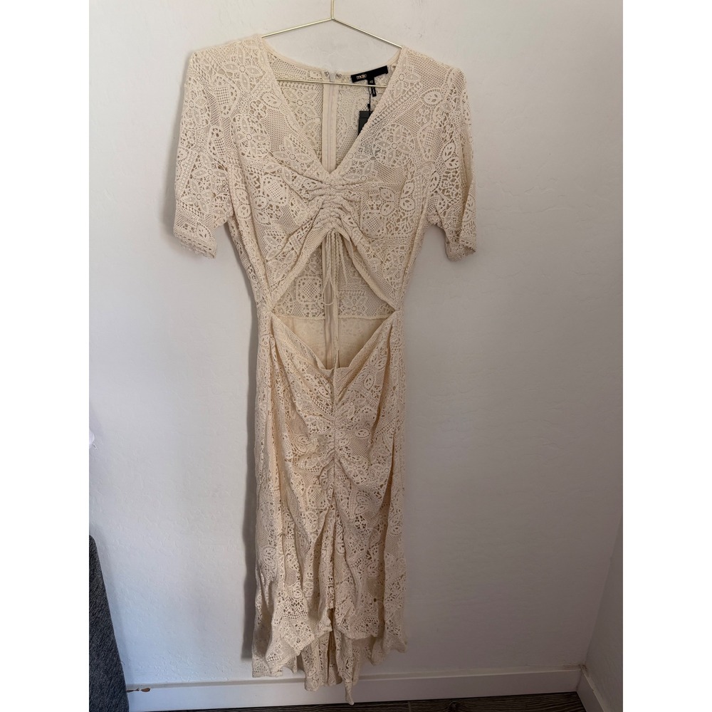 Maje Ridora Ecru Lace Cutout Midi Dress NWT Size 40 US 8 V-Neck Bohemian Dress